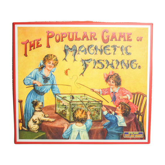 The Popular Game of Magnetic Fishing Heritage Edition box showing vintage illustration of children and an adult playing with a magnetic fishing game at a table