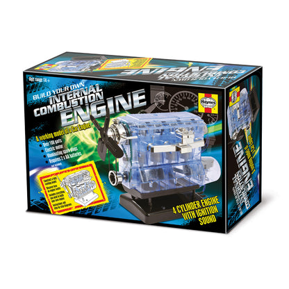 Build Your Own Internal Combustion Engine Kit by Haynes showing transparent blue engine model with visible internal components, on black box packaging labeled w