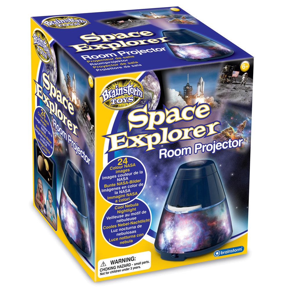 Space Explorer Room Projector box showing a dark blue cone-shaped projector with galaxy nebula imagery, featuring 24 NASA color images and cool nebula nightligh