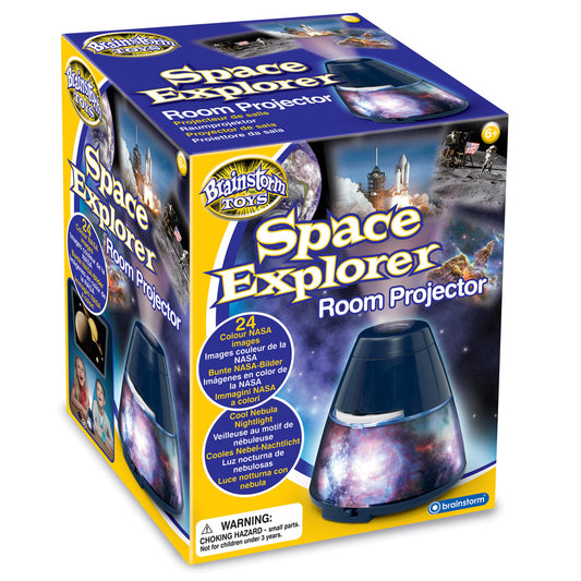 Space Explorer Room Projector box showing a dark blue cone-shaped projector with galaxy nebula imagery, featuring 24 NASA color images and cool nebula nightligh