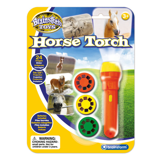 Brainstorm Toys Horse Torch package showing red flashlight with yellow top, three interchangeable slide discs with horse images, and sample projections of horse