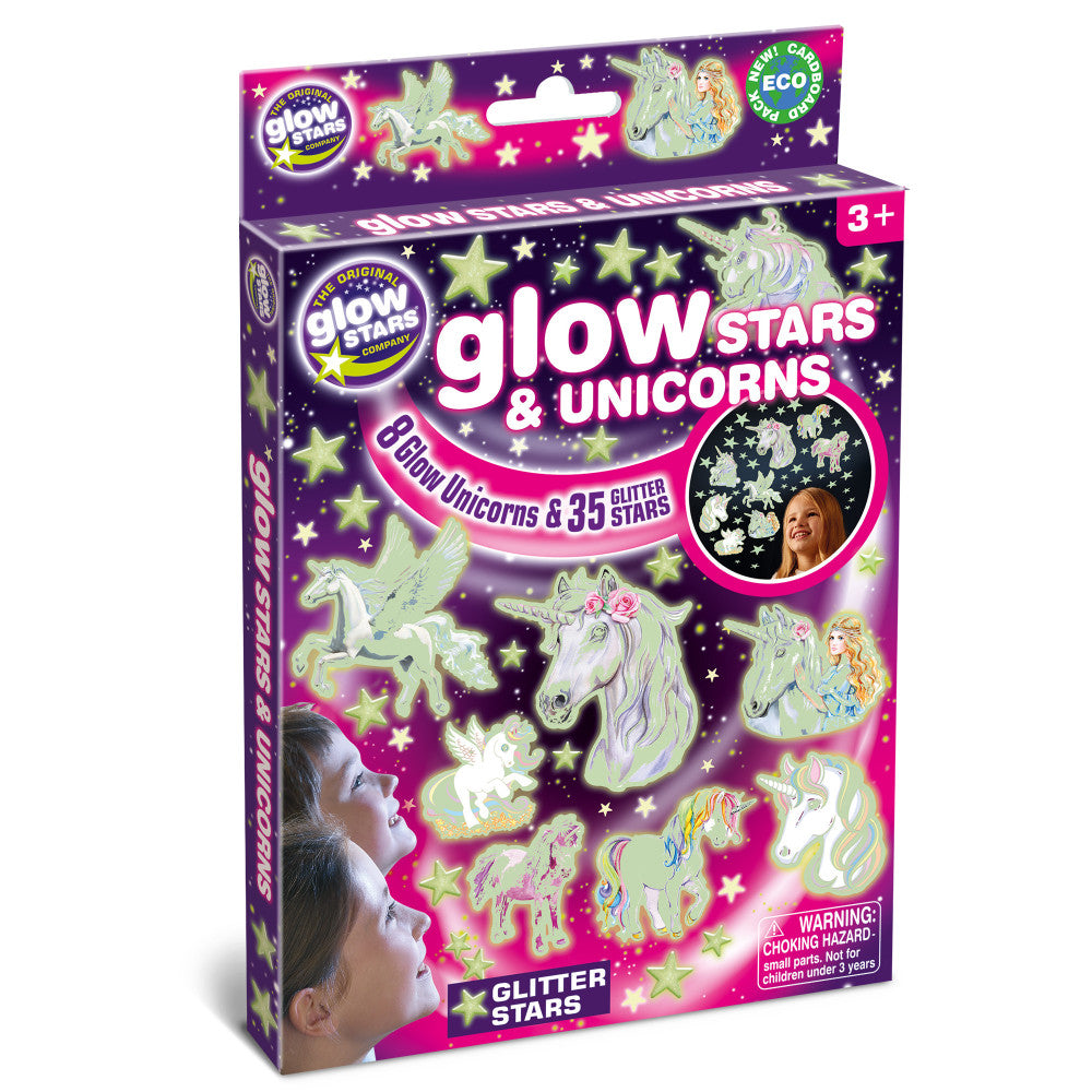 Glow Stars & Unicorns packaging showing 8 glow-in-the-dark unicorn stickers and 35 glitter stars, modeled by a child on purple and magenta box with unicorn and