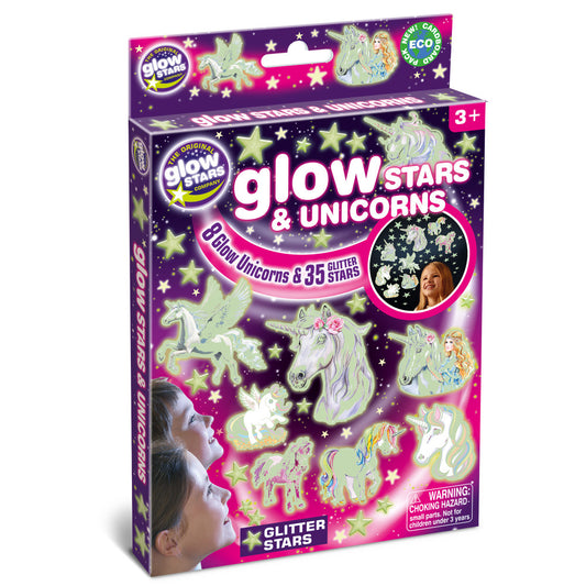 Glow Stars & Unicorns packaging showing 8 glow-in-the-dark unicorn stickers and 35 glitter stars, modeled by a child on purple and magenta box with unicorn and