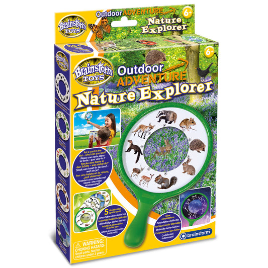 Brainstorm Toys Nature Explorer Set packaging showing green handheld viewer with animal and wildflower designs, included spotting cards, and night sky viewer di