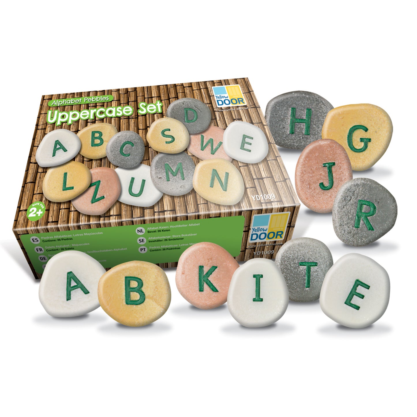Alphabet Pebbles Uppercase Set with 26 tactile letter stones in white, cream, gray, and pink colors