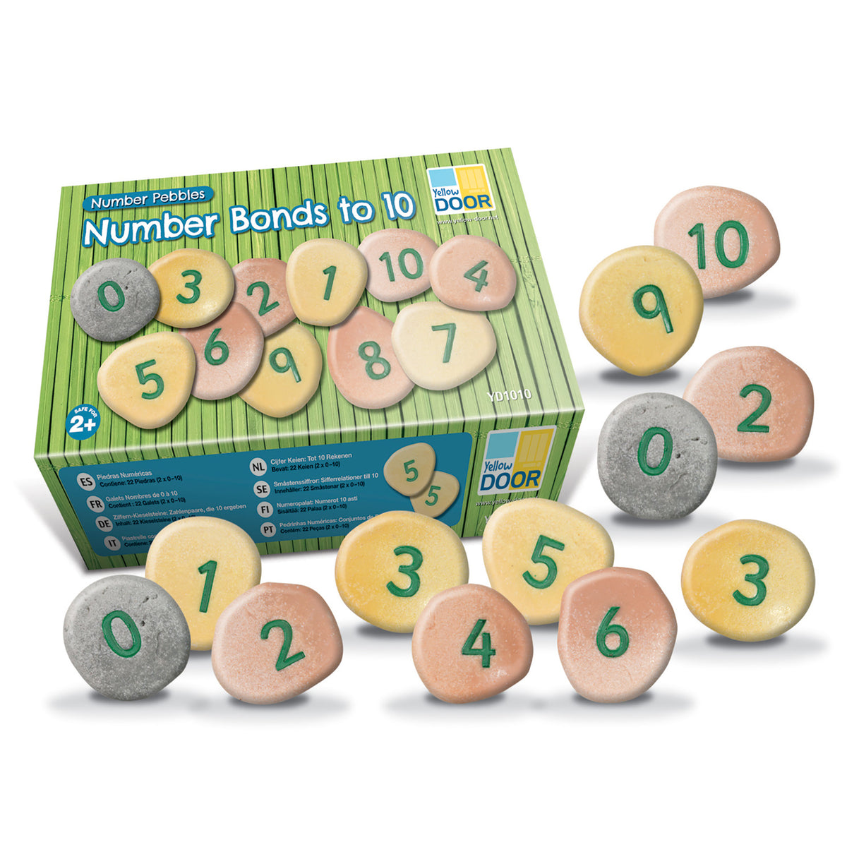 Number Pebbles Number Bonds to 10 sensory sorting set with colorful numbered stones in yellow, pink, and gray