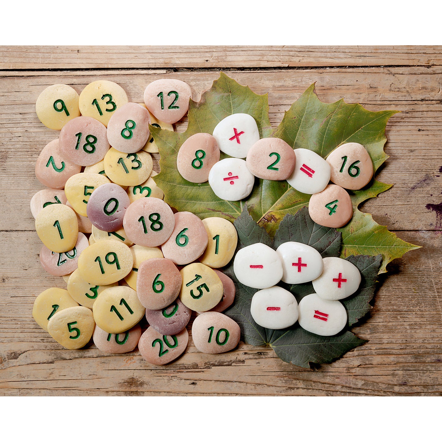 Number Pebbles Sensory Sorting Set with colorful numbered stones and math symbol tiles for water play