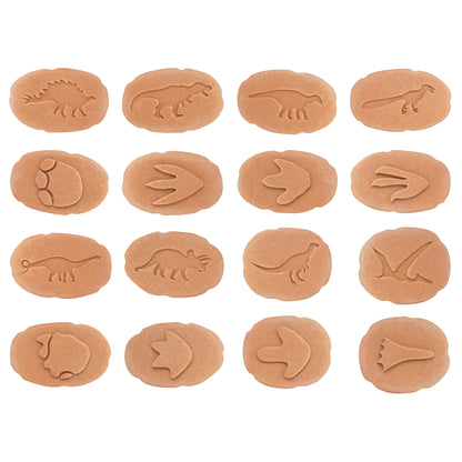 Dinosaur Footprint Fossils Discovery Set with 16 tan clay fossil imprints showing various dinosaur tracks and footprints