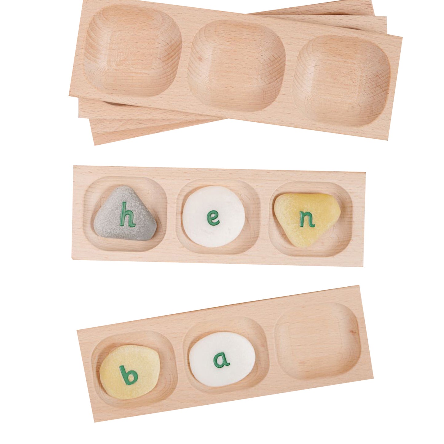 Wooden Word Building Tray with beech wood construction showing letter tiles spelling words