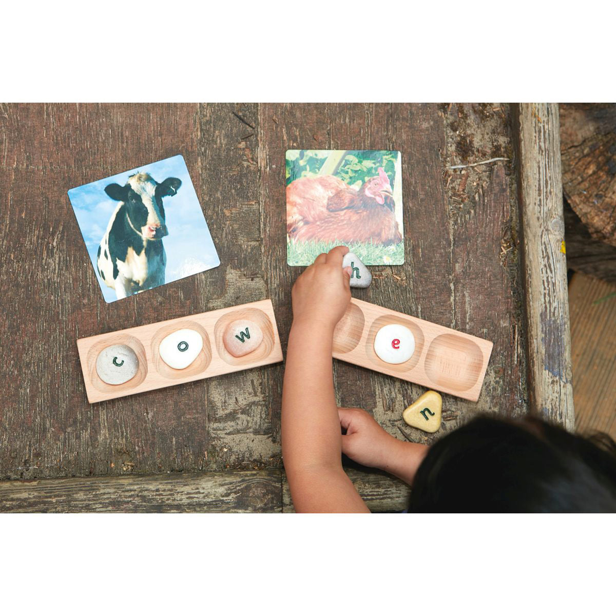 Wooden Word Building Tray with beech wood construction and letter tiles, educational toy