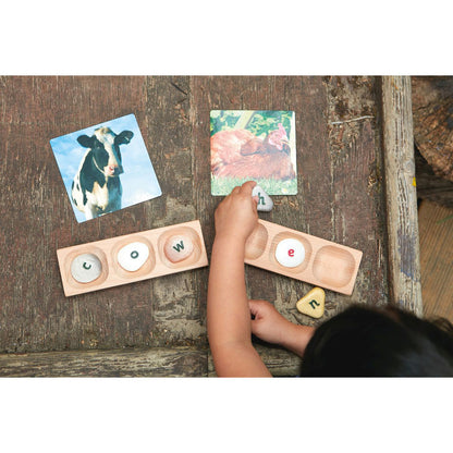 Wooden Word Building Tray with beech wood construction and letter tiles, educational toy