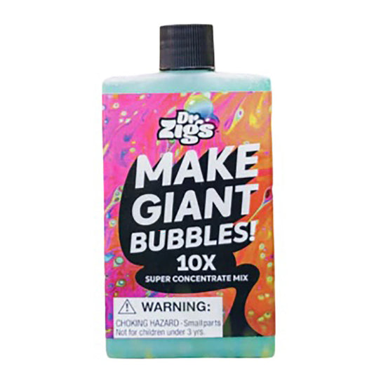 Dr Zigs Make Giant Bubbles 10X Super Concentrate Mix bottle with colorful gradient label and black cap
