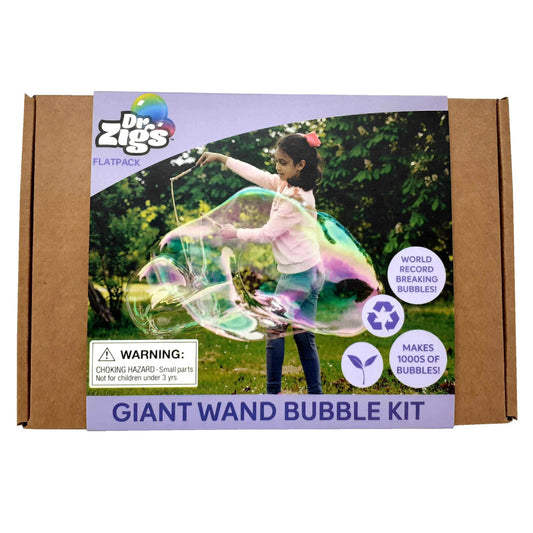 Dr Zigs Giant Wand Bubble Kit package showing child on model creating large bubbles outdoors with wand