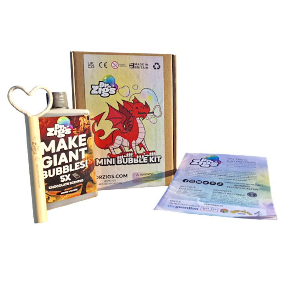 Dr Zigs Mini Bubble Kit with red dragon-themed packaging, bubble solution bottle with heart-shaped wand, instruction sheet, and cardboard box on plain backgroun