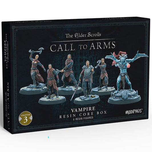 The Elder Scrolls Call to Arms Vampire Resin Core Box featuring six painted resin figure miniatures of vampire characters in medieval fantasy armor and robes on