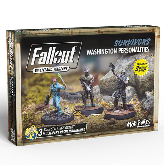 Fallout Wasteland Warfare Survivors Washington Personalities box containing 3 32mm scale multi-part resin miniatures on wasteland bases