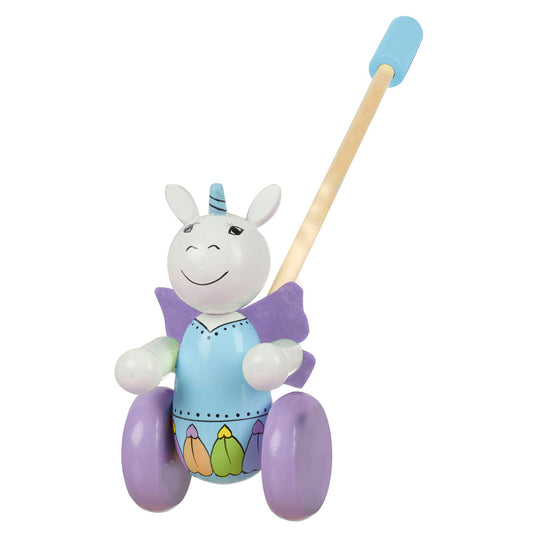 Wooden push-along toy with white unicorn head, blue horn, purple wings and wheels, wooden handle with blue paddle top, feathered dress decorated with colorful f
