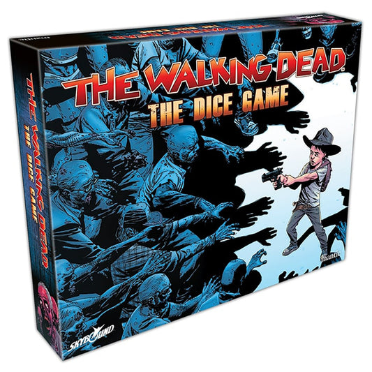 The Walking Dead: The Dice Game board game box featuring blue-toned zombie artwork and a character with a cowboy hat holding a weapon