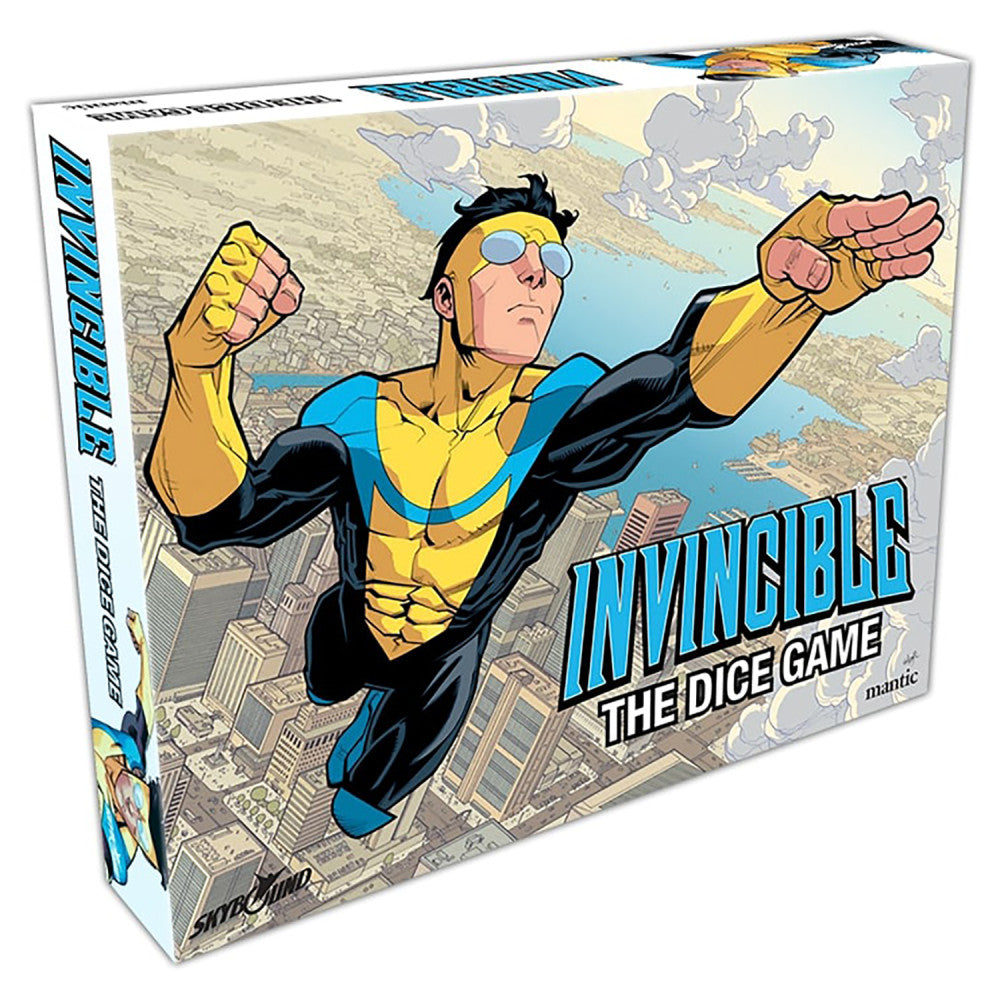 Invincible: The Dice Game box featuring a superhero in yellow and black costume flying over a cityscape