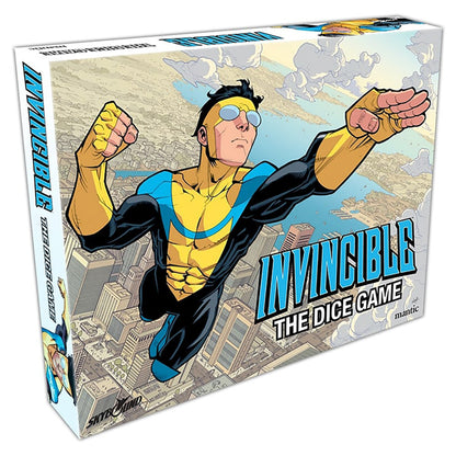 Invincible: The Dice Game box featuring a superhero in yellow and black costume flying over a cityscape