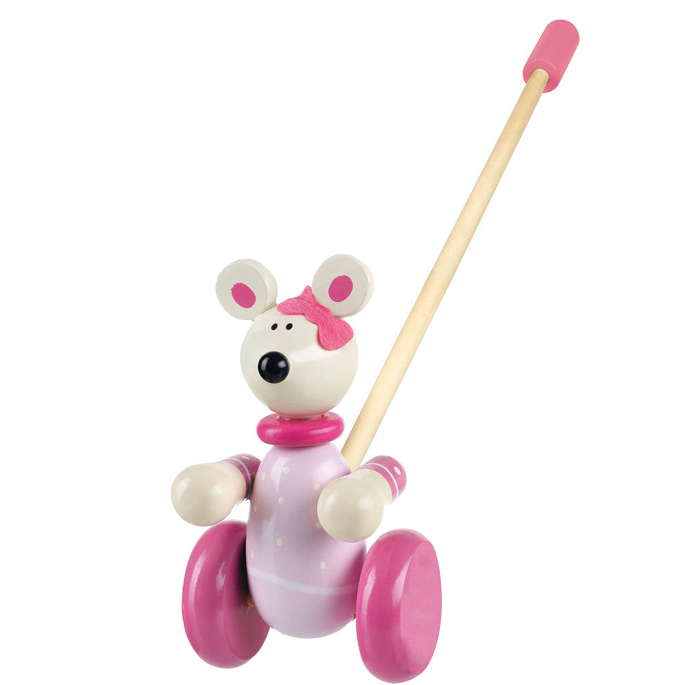 Pink and white wooden push-along mouse toy with wheels, featuring a mouse head with pink bow, white body, pink wheels, and wooden handle
