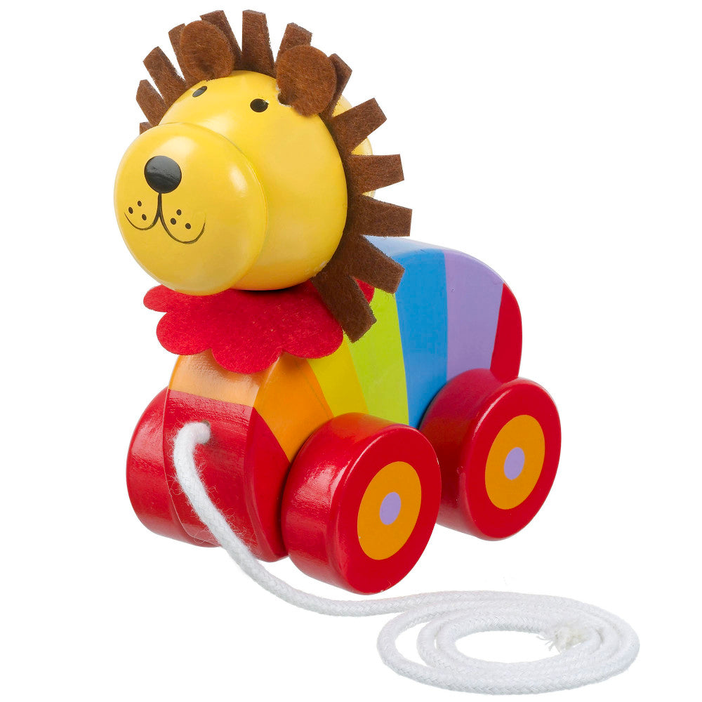 Wooden pull-along lion toy with yellow head, brown mane, red body, and colorful striped section, red wheels with orange and purple hubs, attached white rope