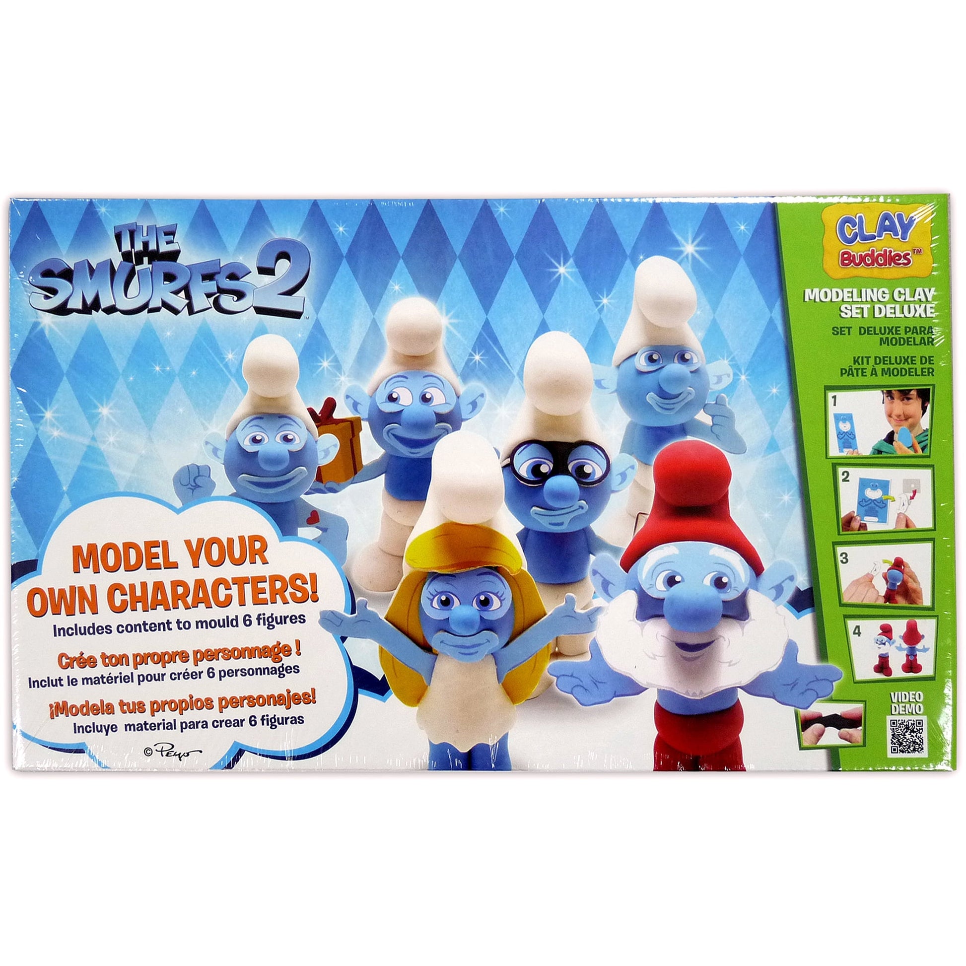 The Smurfs 2 Clay Buddies modeling clay set deluxe with six blue smurf figures in various colored outfits and white hats, shown on package with instructions.