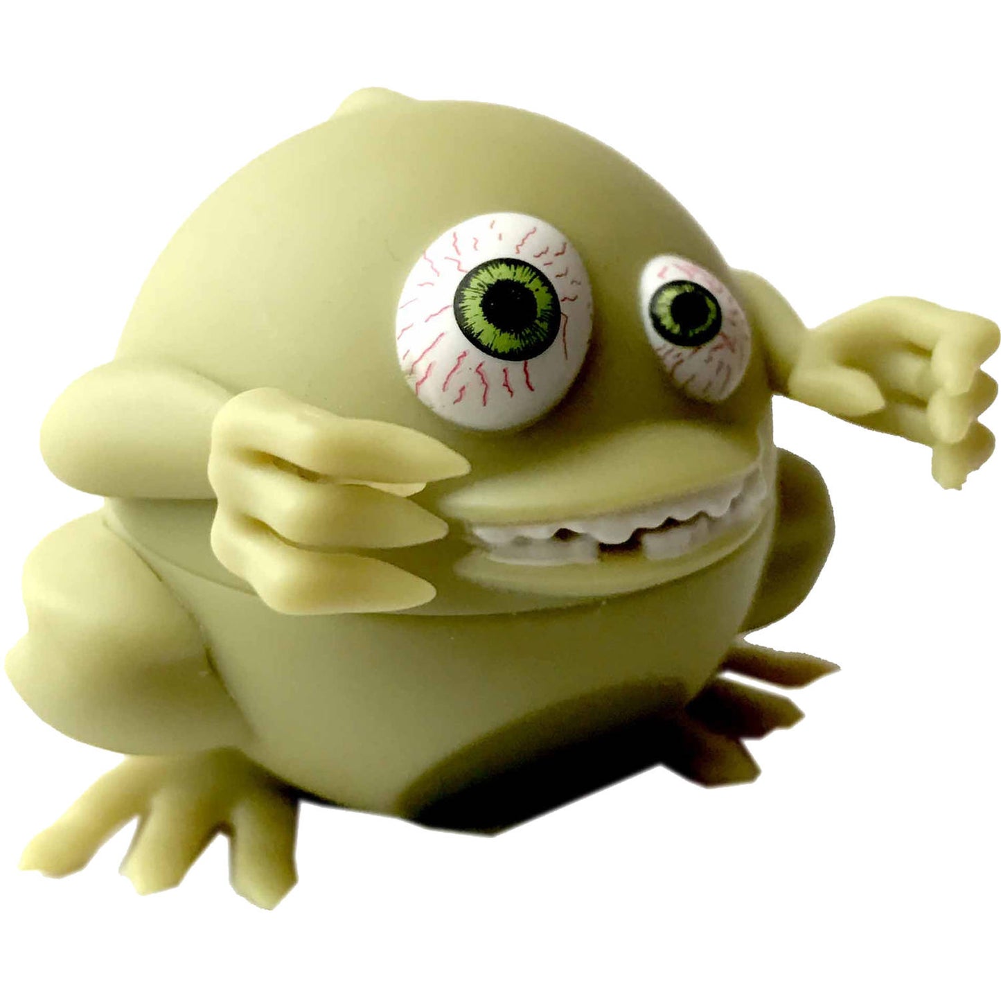 Yellow-green gargoyle action figure with bulging green eyes, white teeth, and clawed hands, holding a scary cherry lip balm