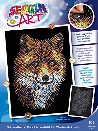 Sequin Art 3D Crafting Kit - Fox Figurine with Multi-Color Sequins box showing completed fox artwork made with golden, orange, and white sequins on black backgr