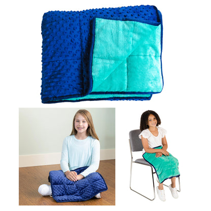 Blue and turquoise weighted blanket shown folded at top, modeled by a child sitting cross-legged, and draped over a child's lap while seated on a chair