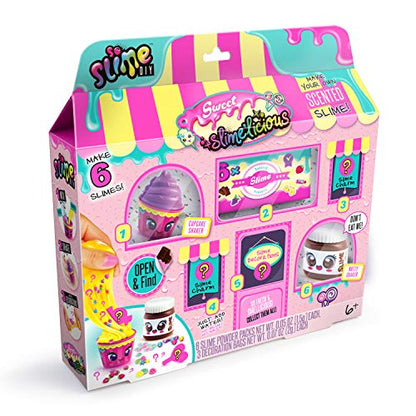So Slime DIY Sweets Shop playset with colorful pink, yellow, and turquoise storefront featuring multiple slime-making stations and cute character jars