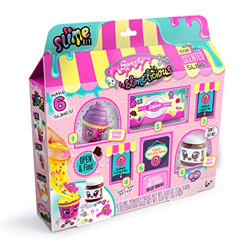 So Slime DIY Sweets Shop playset with colorful pink, yellow, and turquoise storefront featuring multiple slime-making stations and cute character jars