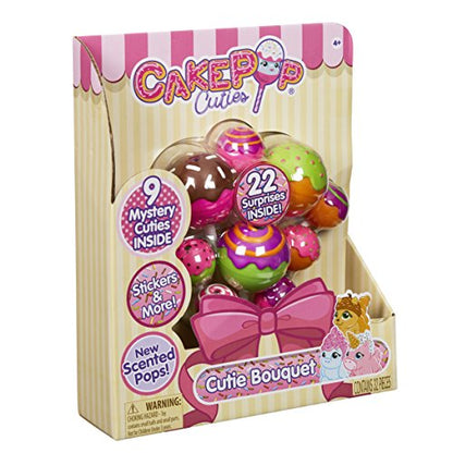 Cakepop Cuties Cutie Bouquet with colorful squishy toy cakepops in pink bow-tied packaging, includes 22 surprises and mystery cuties inside