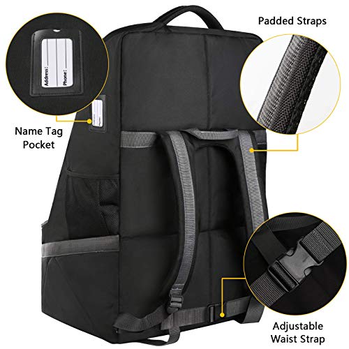 Black backpack with padded straps, name tag pocket, and adjustable waist strap shown with feature callouts