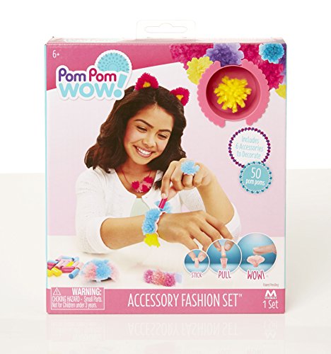 Pom Pom Wow Accessory Fashion Set package showing a child on model wearing colorful pom pom bracelets and accessories, with product contents displayed