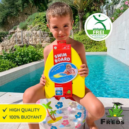 FREDS Swim Academy yellow kickboard with blue design, 100% buoyant pool training board for kids