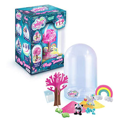 So Magic DIY Large Unicorn Magic Terrarium Kit with clear dome, pink tree, rainbow, animal figurines, and colorful crystals displayed with packaging box