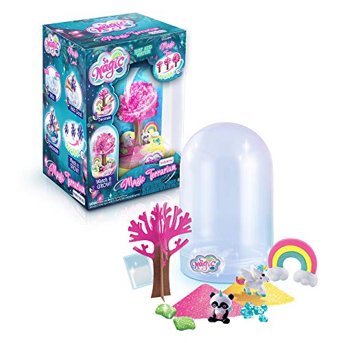 So Magic DIY Large Unicorn Magic Terrarium Kit with clear dome, pink tree, rainbow, animal figurines, and colorful crystals displayed with packaging box