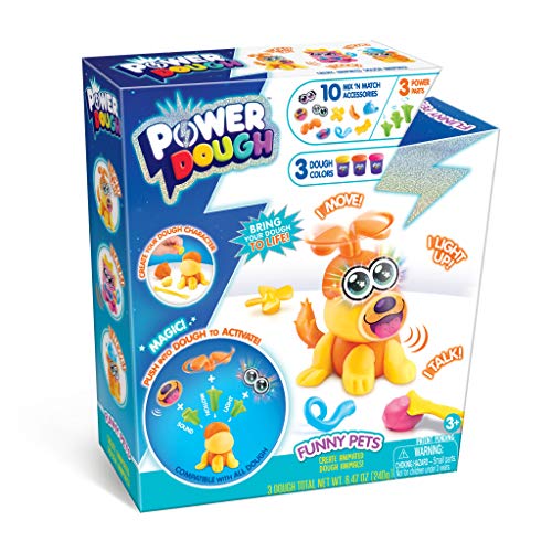 Power Dough Pets sculpting kit box showing orange character figure with googly eyes, dough colors, and activity wheel on packaging