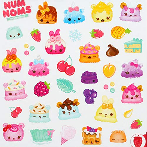 Num Noms Sticker Shoppe collection showing colorful scented character stickers including cupcakes, fruits, and desserts with smiling faces on white background