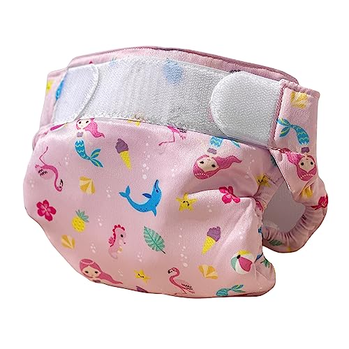 Pink swim diaper with colorful mermaid, seahorse, and sea creature prints, white mesh insert visible at top