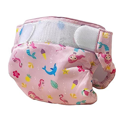 Pink swim diaper with colorful mermaid, seahorse, and sea creature prints, white mesh insert visible at top