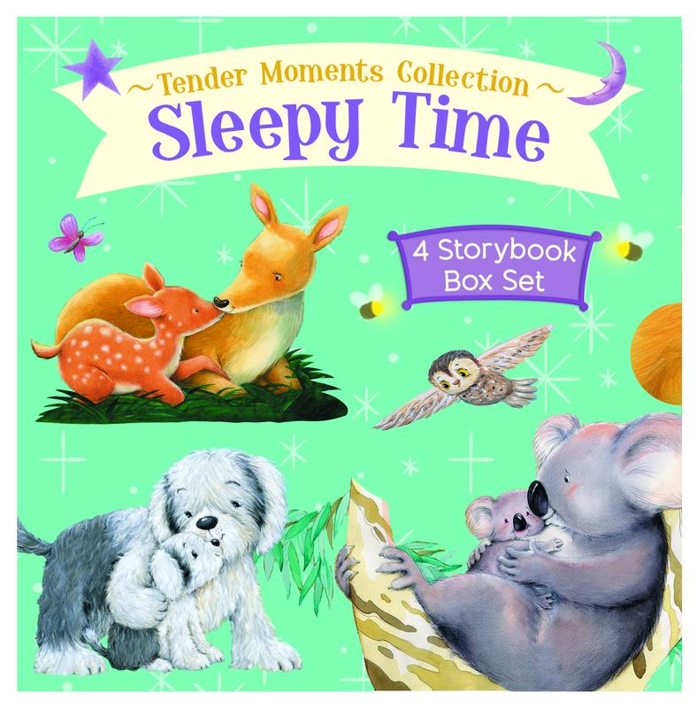 Tender Moments Collection Sleepy Time 4 Storybook Box Set featuring illustrated animals including a deer with fawn, owl, puppy, and koala with baby on mint gree