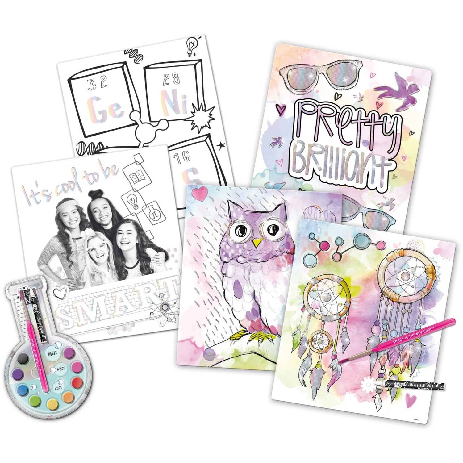 Project Mc2 Ultimate Watercolor Paintfolio Art Kit with coloring pages featuring owl and dreamcatcher designs, watercolor palette, brushes, and markers