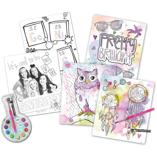 Project Mc2 Ultimate Watercolor Paintfolio Art Kit with coloring pages featuring owl and dreamcatcher designs, watercolor palette, brushes, and markers