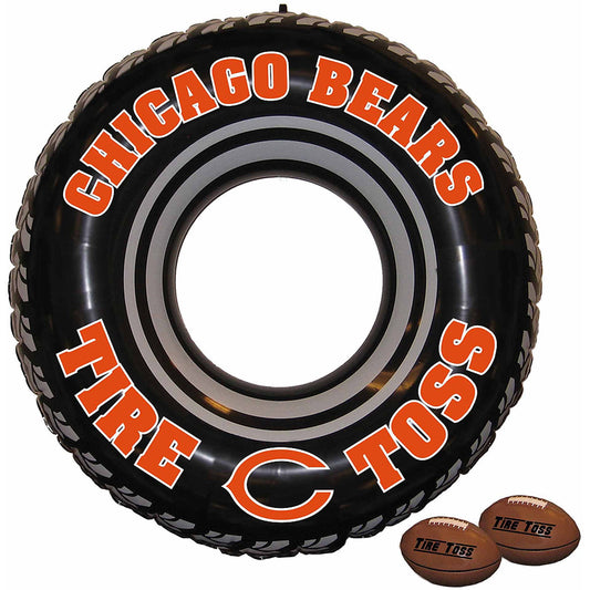 Chicago Bears inflatable tire toss game with black tire featuring orange text and gray center ring, includes two brown footballs labeled Tire Toss