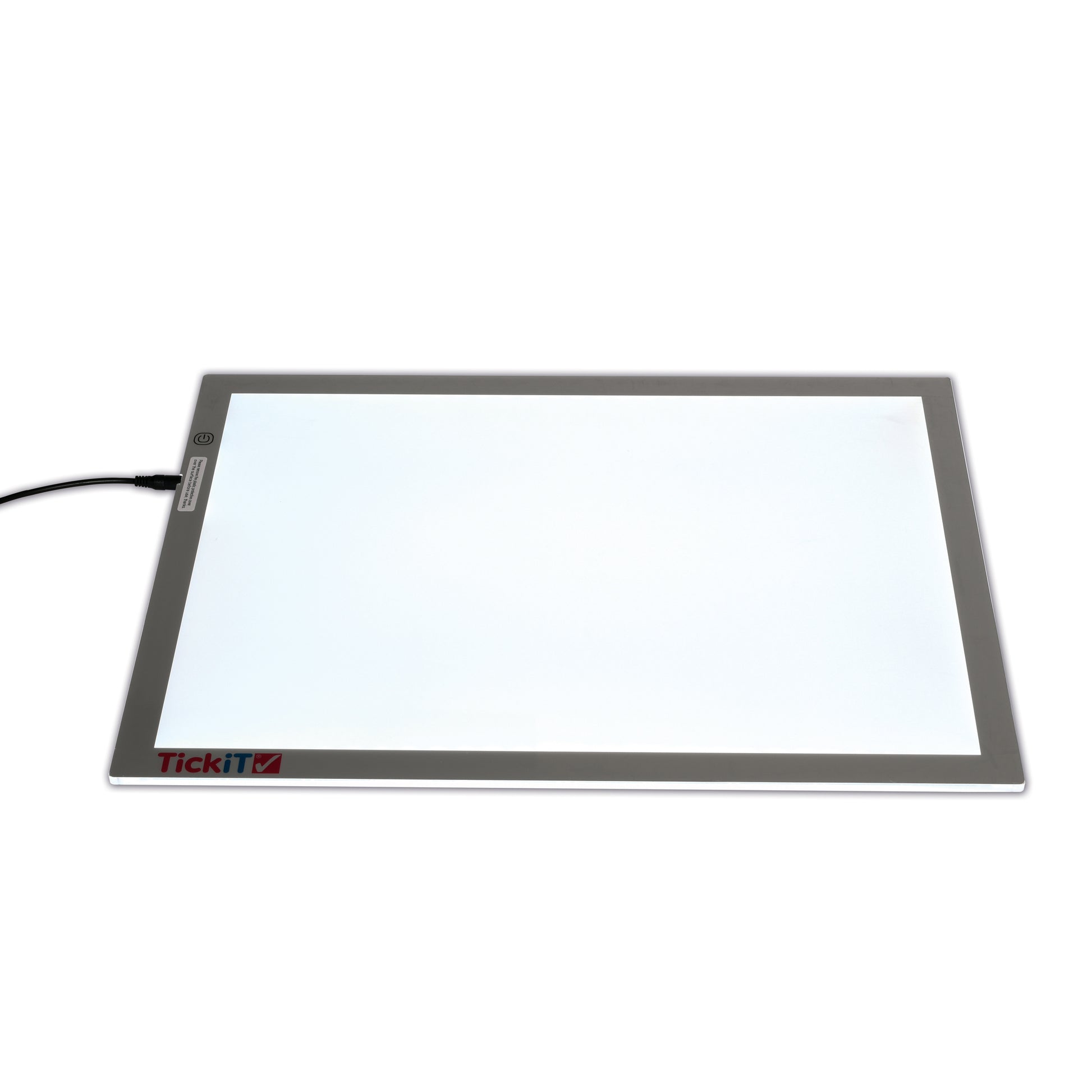 TickiT rectangular light panel with gray frame, white illuminated surface, and power cord on plain background
