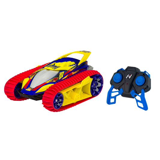 Rally Red VelociTrax RC car with red and yellow body, blue accents, and red treaded wheels, shown with black and blue remote control