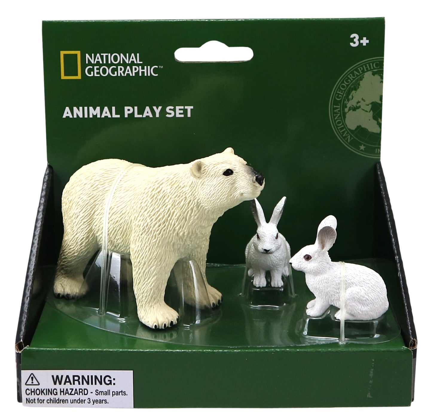 National Geographic Animal Play Set with cream-colored polar bear and two white arctic hares on green packaging