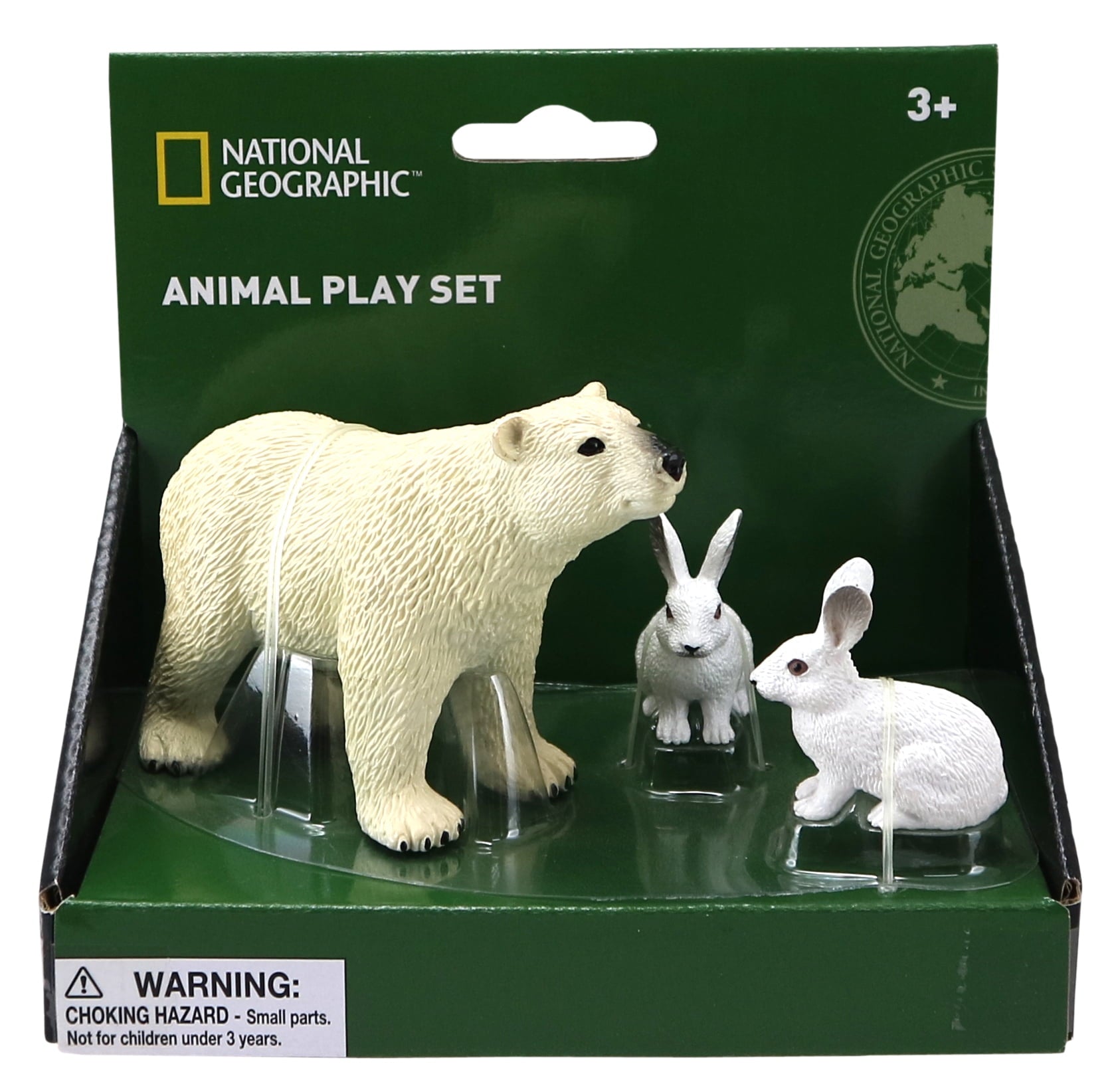 National Geographic Animal Play Set with cream-colored polar bear and two white arctic hares on green packaging